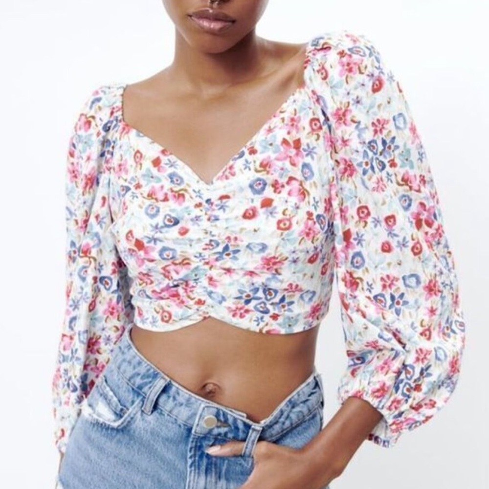 Zara Linen Blend Floral Tie Back Top